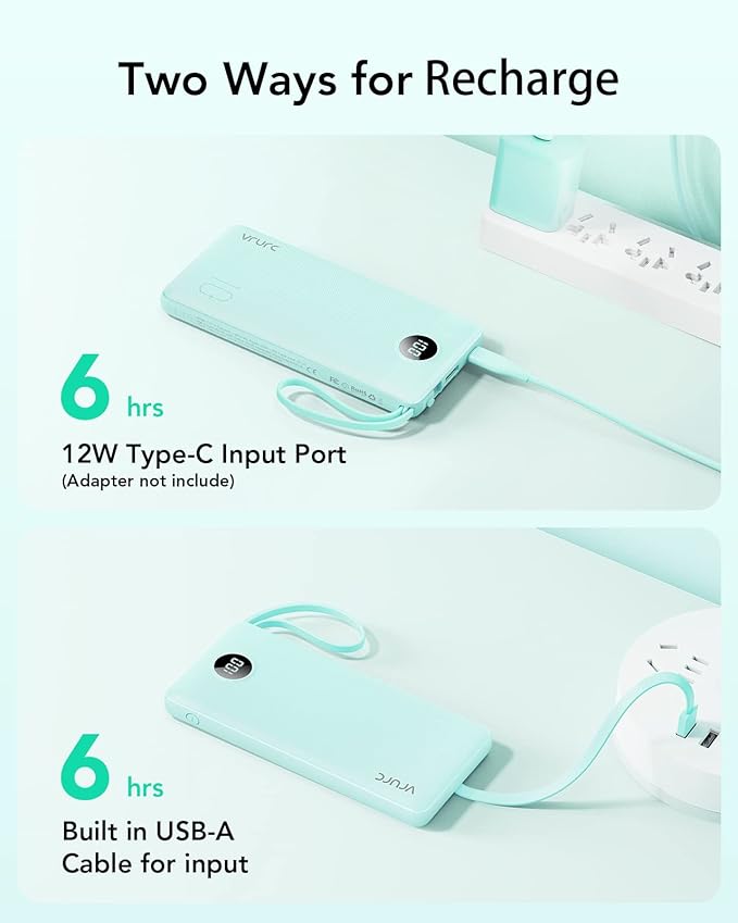 VRURC Portable Phone Charger for iPhone, 10000mAh Power Bank Built in Cables & Lanyard, Slim USB C Battery Bank 5 Outputs for Multi Devices,Travel Essential for College Students Teen Boys Girls-Green