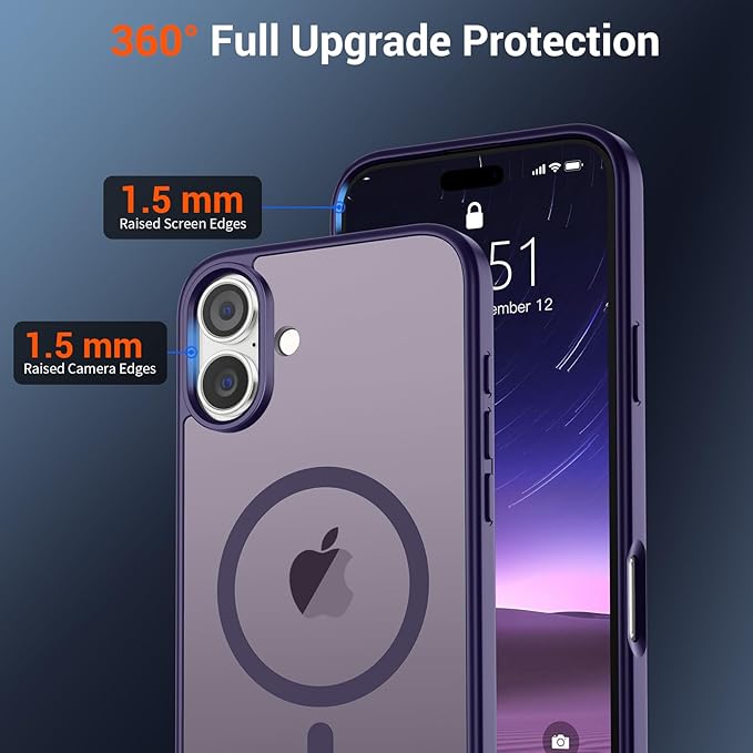 SUPFINE Magnetic for iPhone 16 Case (Compatible with MagSafe) (Military Grade Drop Protection) Slim Translucent Matte Shockproof Phone Cover,Dark Purple