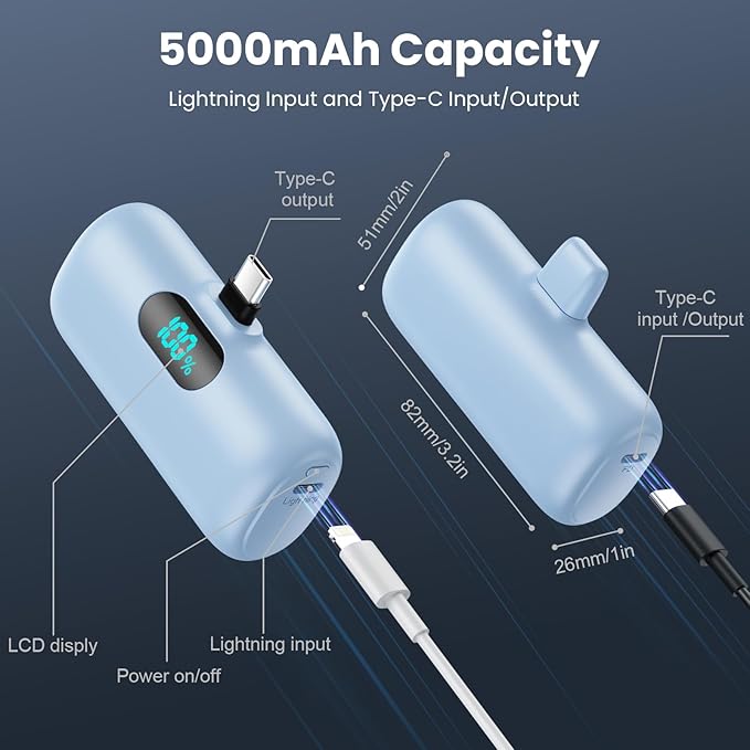 [2-Pack] Mini Portable Charger 5000mAh Power Bank,3A PD USB C Cell Phone Portable Power, LCD Display Battery Pack Compatible with iPhone 17/17 Air/16/16 pro/15/15 pro Max/Android/Samsung/Moto/LG etc