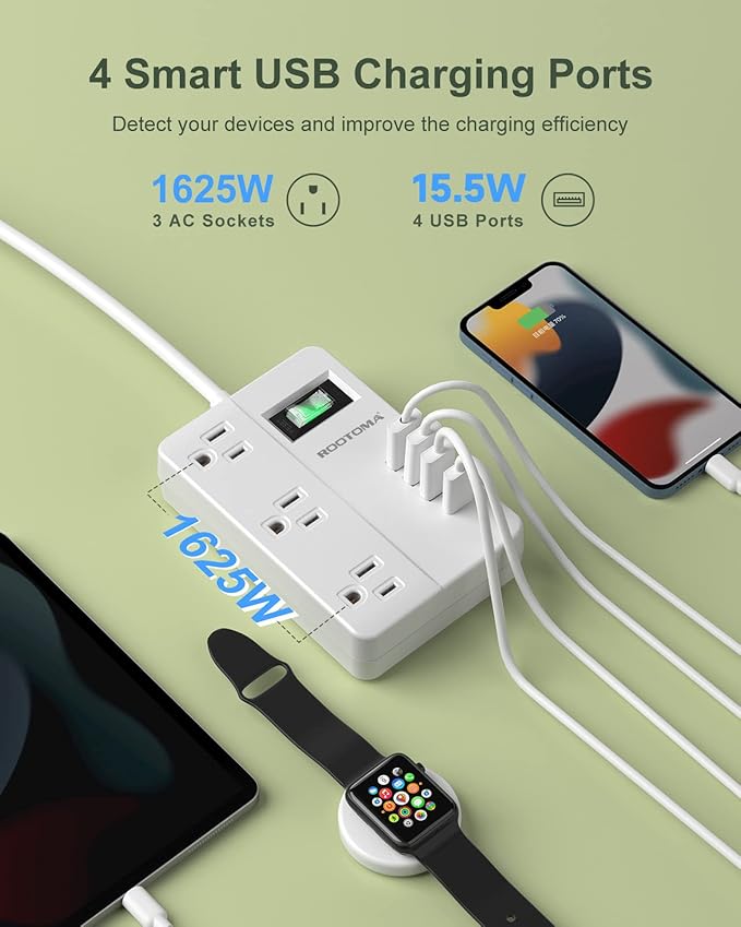 2 Prong Power Strip with USB-C, ROOTOMA 2 Prong to 3 Prong Outlet Adapter, 1080J 2 Prong Surge Protected with 3 Outlet & 4 USB, 3 Prong Adapter 4ft, for Polarized Two Prong Outlet, Old House, White