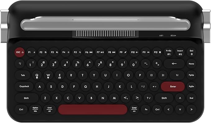 Ajazz AF84 Wireless Membrane Silent Typewriter Keyboard, Bluetooth/2.4G Dual-Mode Connection, Cute Retro Aesthetic Design with Integrated Stand for Tablet, Phone, PC and Win/Mac/Android Black