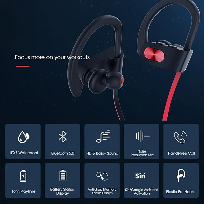 Bluetooth Headphones V5.0, Flame Running Headphones w/16 Hrs Playtime, Bass+ HD Stereo Wireless Sports Earphones w/IPX7 Waterproof Earbuds in Ear for Workout, Gym w/CVC6.0 Noise Cancelling Mic Red
