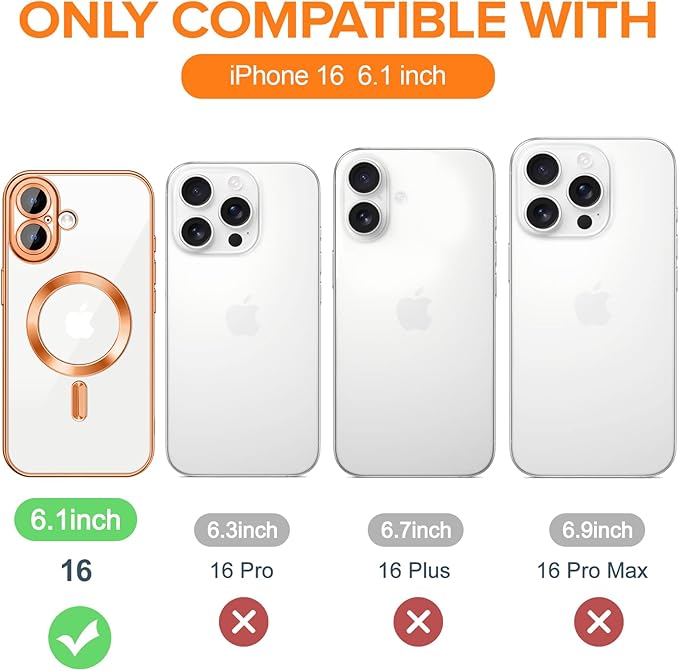 Hython Magnetic Clear for iPhone 16 Case with Camera Lens Protector [Compatible with MagSafe] Luxury Plating Edge Slim Soft TPU Cover Protective Phone Case for iPhone 16 6.1", Orange