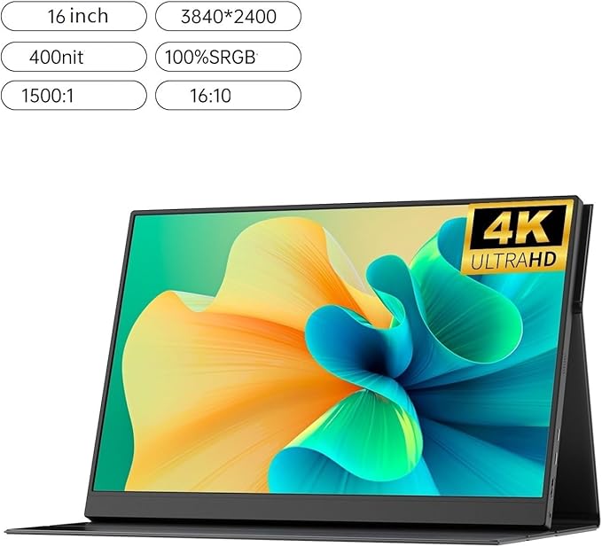 Portable Laptop Monitor 100% sRGB 400nit Brightness Second Screen Portable 16-inch 4K HD IPS External Gaming Display