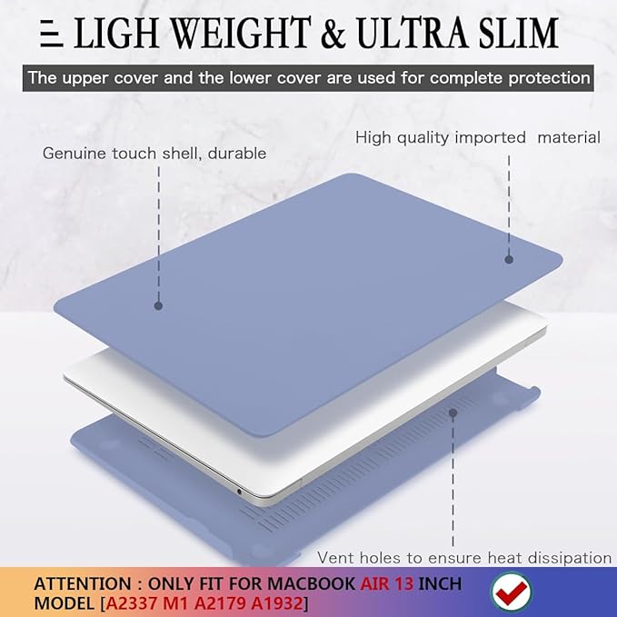 CISSOOK Compatible with MacBook Air 13 inch Case 2021 2020 2019 2018 Release Model M1 A2337 A2179 A1932, Matte Hard Case Cover for MacBook Air 13 inch with Retina Display and Touch ID - Lavender Gray