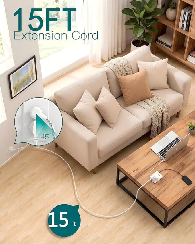 Addtam Surge Protector Power Strip, 8 Widely Outlets with 4 USB Ports (2 USB C), 15ft Extension Cord with Multiple Outlets, 3 Side Outlet Extender, Flat Plug, Wall Mount, ETL, White