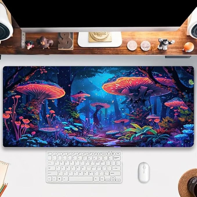 Simpkeely Fantasy Mushroom Mouse Pad, Blacklight Gaming Forest Waterproof Extended Large Desk Pad UV Long Computer Keyboard Big Mouse Mat with 3mm Non-Slip Rubber Base for Office Home - 31.5" x 11.8"