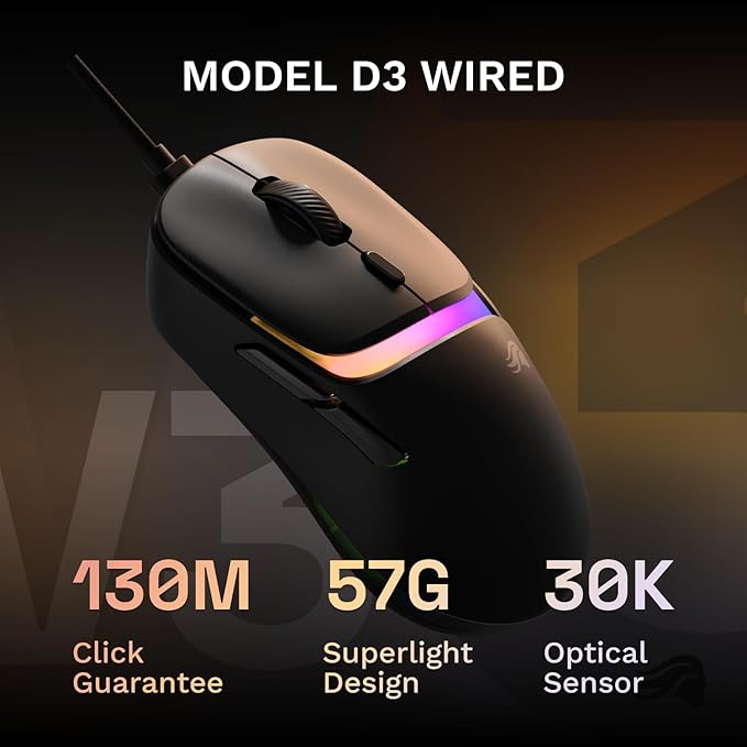GLORIOUS Gaming Model D3 Wired Gaming Mouse - Ultralight 57g Weight, 130M Click Optical Switches, 30K DPI BAMF 3.0 Sensor, 750 IPS Tracking, 50G Acceleration, Supports All Grip Types - Black