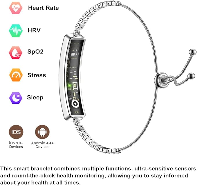 Smart Bracelet Fitness Tracker with 24/7 Health Monitoring 5ATM Waterproof,Blood Oxygen, Heart Rate, HRV,Sleep Monitor – Slim Design Long Battery Life for Women Free App Android & iOS Silver
