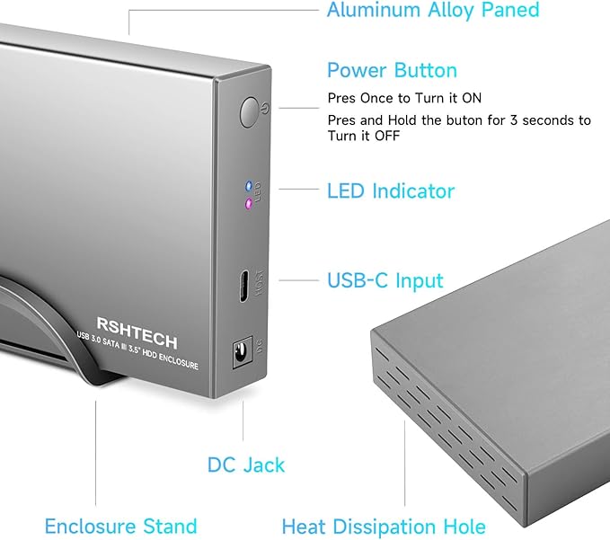 RSHTECH Hard Drive Enclosure Upgraded Version 3.5" Aluminum USB C to SATA External Hard Drive Dock Case for 3.5 inch HDD & SSD up to 24TB, with 2-in-1 USB Cable, Support UASP