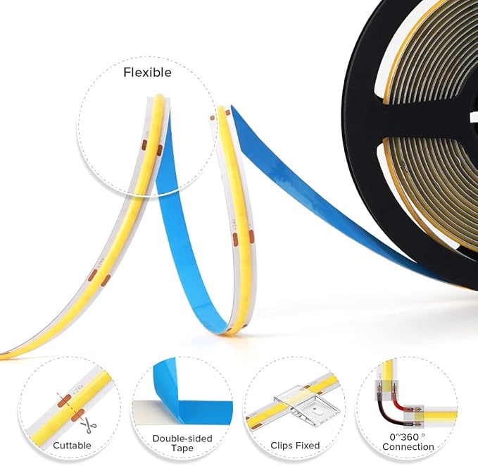 BTF-LIGHTING FCOB COB LED Strip Flexible High Density Uniform Light 8W/m 16.4FT DC12V Warm White 3000K CRI 90+ 8mm Width Dimmable LED Ribbon for Home Indoor Decor(No Adapter or Controller)