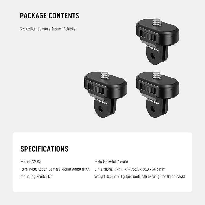 NEEWER 3 Pack Tripod Mount Adapter Kit Compatible with Insta360 DJI OSMO 360 Pocket 3 Action Camera for POV Video Recording, 1/4"-20 to 2 Prong Conversion Screw Parts Accessories, GP-92