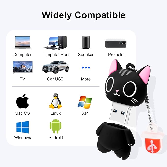 USB Flash Drives,BORLTER CLAMP Cute Flash Drive,32GB 64GB Cartoon Cat High Speed Memory Thumb Stick USB2.0 Animal Drive Character Data Storage Gift USB Disk Pendrive with Key Chain