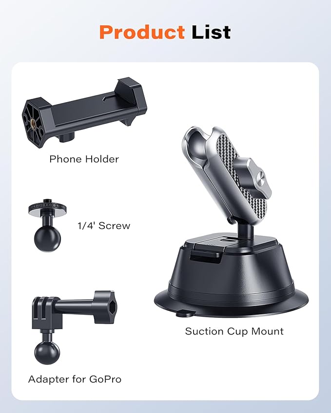 A2C Suction Cup Mount for Gopro iPhone, Anti-Shake Metal Arm Car Camera Mount with 1/4 Thread & Phone Holder, Car Boat Windshield Window VLOG/Video Holder for Gopro Hero Insta360 DJI Action Camera