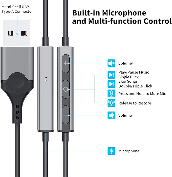 USB Headphones with Microphone for Laptop, 7.5ft Magnetic Wired Earbuds Noise Isolation in-Ear Earphones with Mute Volume Control Stereo Bass for PC Desktop Dell HP Acer Laptop Meetings/Music,School