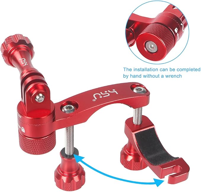 HSU 0.6-1.3inch All-Aluminum Bike/Motorcycle Handlebars, 360° Rotation Seat Post, Ski Pole Mount Compatible with Go Pro Hero 13/12/11/10/9/8/7/6/5, DJI Osmo Action AKASO and Other Action Cameras (Red)