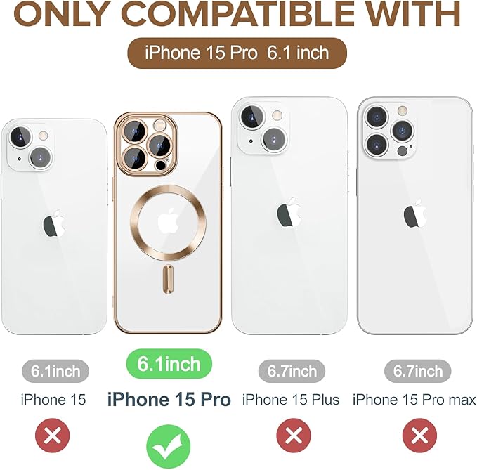 Hython Magnetic Clear for iPhone 15 Pro Case with Camera Lens Protector [Compatible with MagSafe] Luxury Plating Edge Slim Soft TPU Cover Protective Phone Case for iPhone 15 Pro 6.1", Desert Brown