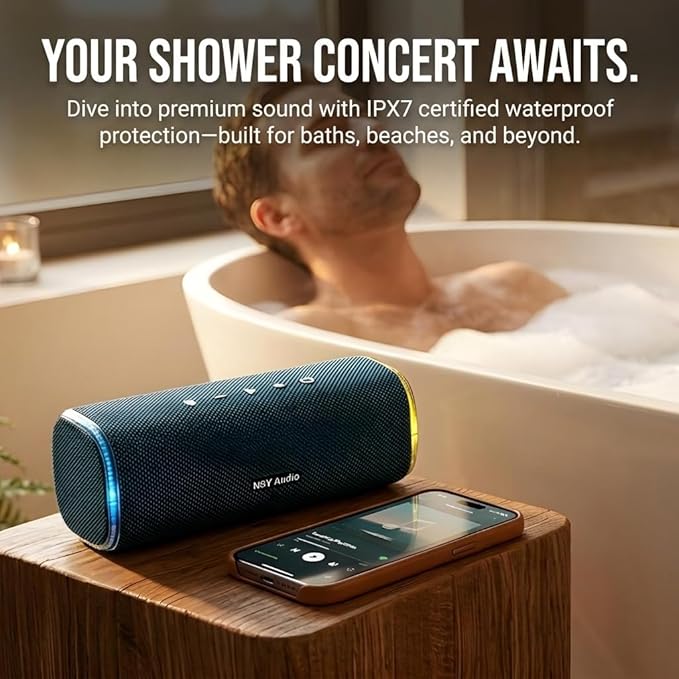 40W Bluetooth Shower Speaker, IPX7 Waterproof Floating Pool Speaker with Interactive Tap-to-Play Drum Beats, 25H Playtime, LED Lights, Built-in Mic for Hands-Free Calls in Bathroom, Blue