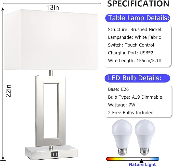 22'' Lamps for Bedrooms Set of 2, Touch Control Table Lamps with 2 USB Ports, 3-Way Dimmable Bedside Nightstand Lamps, Brushed Nickel &White Lamp for End Table Living Room Modern Contemporary