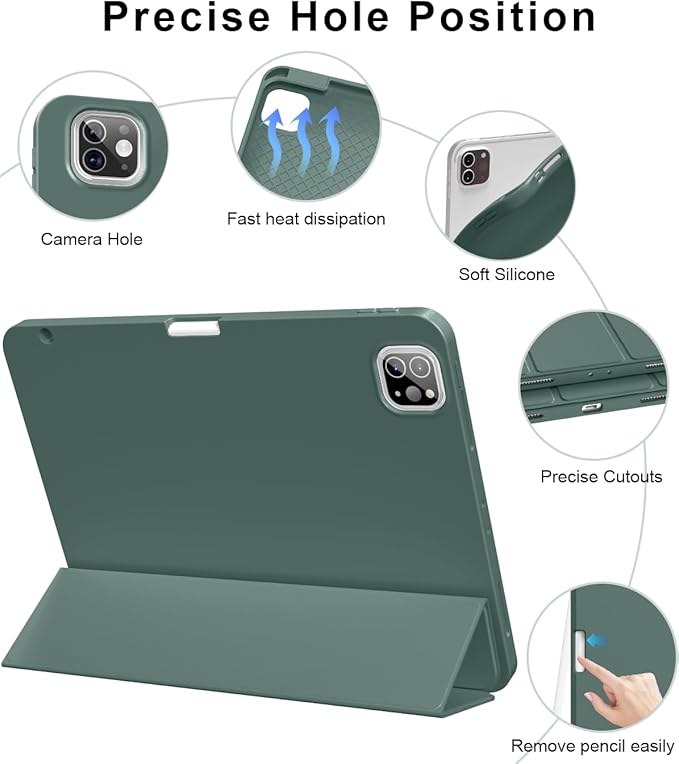 for iPad Pro 12.9 Case (6th/5th/4th/3rd Generation 2022/2021/2020) & ipad Air 13 inch case (M3 2025/M2 2024) with Pencil Holder, Smart Slim Trifold Stand Case with Soft TPU Back (Dark Green)