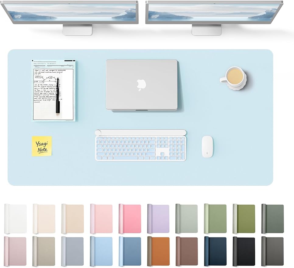 YSAGi Leather Desk Protector, Office Mat, Large Mouse Mat, Non-Slip PU Leather Blotter, Laptop Pad, Waterproof Writing Pad for Office and Home (Baby Blue, 47.2" x 23.6")