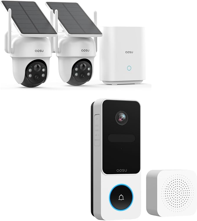 aosu Security Cameras Outdoor Wireless, 2 Cam-Kit, No Subscription Doorbell Camera Wireless - Head-to-Toe View, Intelligent Package Detection