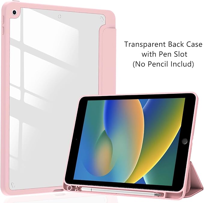 JOYLAND Pink Hibiscus Flower Case for iPad Pro 11-inch (M4) 2024 5th Generation,Clear Acrylic Hard Back Pink Case with Pencil Holder Trifold Stand Tablet Cover (Model Number:A2836/A2837/A3006)