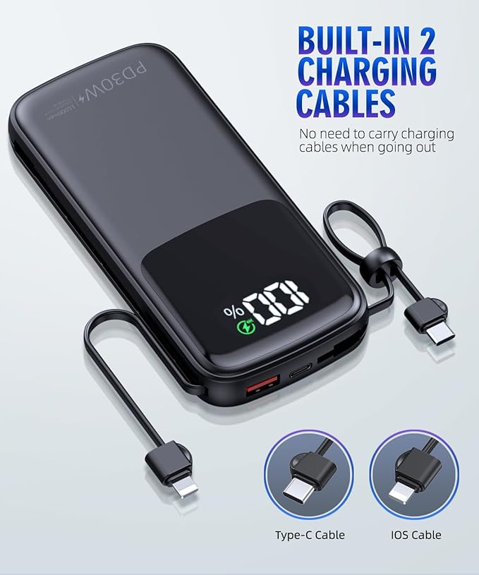LOVELEDI Portable-Charger-Power-Bank - 15000mAh Power Bank Supports PD 30W Fast Charging Built-in AC Wall Plug and 2 Output Cables with LED Display for iPhone iPad and Most Electronic Devices(Black)