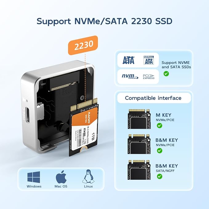 MAIWO M.2 2230 NVMe SSD Enclosure USB 3.2 GEN2 10Gbps Speed Tool Free Metal Case, Support iPhone 4K ProRes Recording, Compatible with M.2 2230mm NVMe M-Key/SATA B+M Key SSD