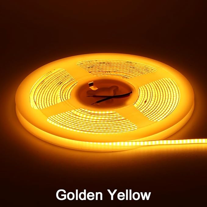 3mm COB Strip Light, DC 12V Golden Yellow 16.4ft Flexible Cuttable Ultra-Thin LED Tape CRI>90 Uniform Dotless 400LEDs/M LED Light for Christmas Bedroom Home Kitchen Cabinet Decor (NO Power Supply)