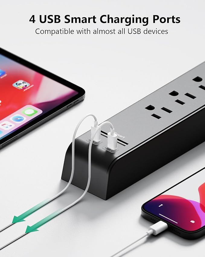 2 Pack 10Ft Extension Cord with Multiple Outlets, Surge Protector Power Strip with 6 Outlets 4 USB Ports, Flat Plug, Wall Mount for Home Office, Dorm, Black