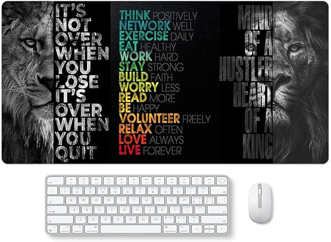 Black Gray Lion Keyboard Mat Positive Saying Mousepad Office Long Mouse Pad It is not Over When You Lose Desk Pad Mouse Mat for Desktop Gamer Guy Boys Mens Office Accessories 31.5"x15.7"
