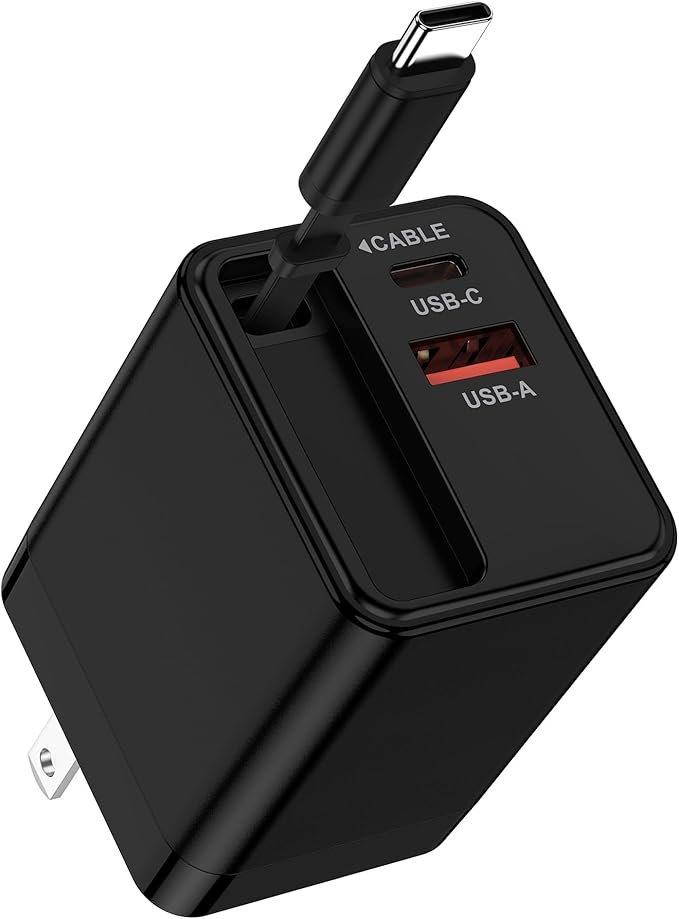 35W Retractable USB C Wall Charger for Samsung Galaxy S26 Ultra S26+ S26 A57 A37 A17 A36 A16 S25 S24 iPhone 17e 16 15 Pro Max, Fast Charging Block Built-in Type C Cable, Foldable Plug Power Adapter