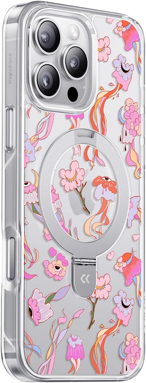 CASEKOO Floral Series [ArtCollab x Leah Han] Floral Jellyfish for iPhone 16 Pro Case with Magnetic Ring Stand [Compatible with MagSafe] [Military-Grade Protection] Clear Back, Soft Edge, for Women