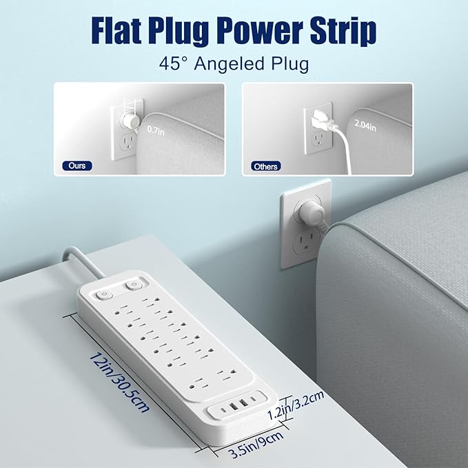 HITRENDS 12-Outlet Surge Protector Power Strip with 2 USB A + 2 USB C, 6FT Flat Plug Extension Cord, Dual Switches, Wide Spacing, 1250W/10A Multi Plug Outlet for Home Office Dormitory, White