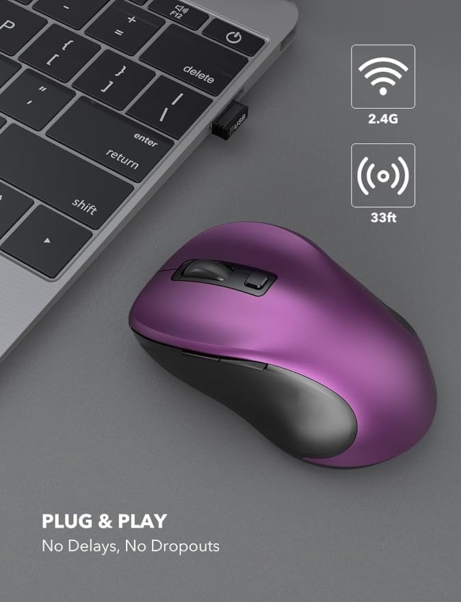 Trueque Wireless Mouse for Laptop, 2.4GHz Ergonomic Computer Mouse with Back & Forward Buttons, 3 Adjustable DPI Levels, 6 Buttons, Optical USB Cordless Mice for Windows PC (Purple, 1 Pack)