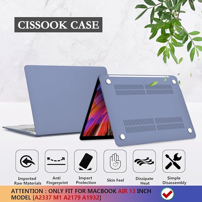 CISSOOK Compatible with MacBook Air 13 inch Case 2021 2020 2019 2018 Release Model M1 A2337 A2179 A1932, Matte Hard Case Cover for MacBook Air 13 inch with Retina Display and Touch ID - Lavender Gray