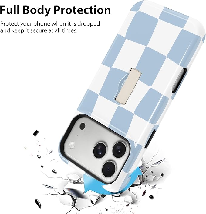 KANGHAR Compatible with iPhone 17 Pro Max Case, Support for MagSafe, Silicone Checkered Cute Pattern, Wristband Kickstand Camera Protection Soft Slim Phone Case for Girls Women -Light Blue