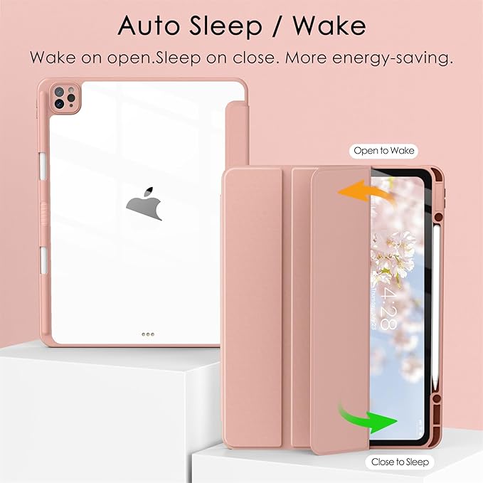 Soke Case for iPad Pro 12.9 Inch (6th/5th/4th/3rd Generation, 2022/2021/2020/2018) - Pencil Holder + Auto Sleep/Wake + Camera Protection, Transparent Shockproof Back Cover,Rose Gold