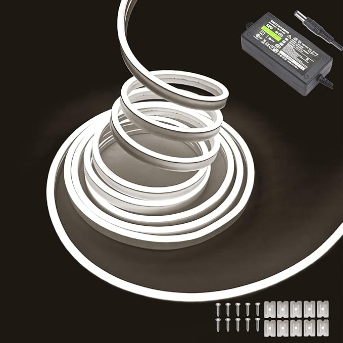 White Neon LED Strip Lights, 16.4ft 12V Waterproof Flexible Light for Indoor/Outdoor Decoration (Includes Power Adapter)