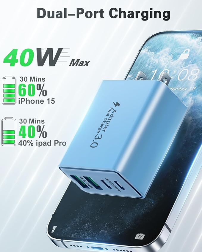 USB C Charger Block, 2-Pack 40W USB C Fast Charging Block 4-Port Dual PD+QC Power Adapter Double USBC Charger Block Multiport Type C Cube Wall Plug for iPhone 16 15 14 13 12 11 Pro Max, Samsung