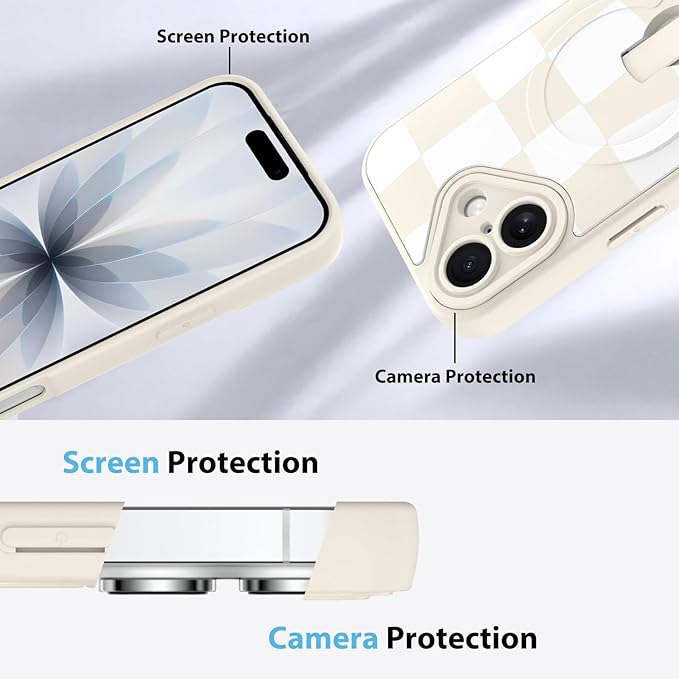 KANGHAR Compatible with iPhone 17 Case, Support for MagSafe, Silicone Checkered Cute Pattern, Wristband Kickstand Camera Protection Soft Slim Cover for Girls Women -White