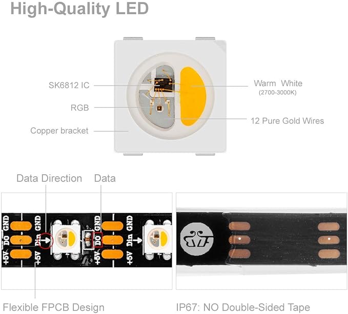 BTF-LIGHTING RGBW RGB+Warm White SK6812 (Similar WS2812B) 4 Colors in 1 LED Strip Individually Addressable 16.4ft 60Pixel/m 300LED Light Dream Color IP65 DC5V Black PCB (No Adapter or Controller)