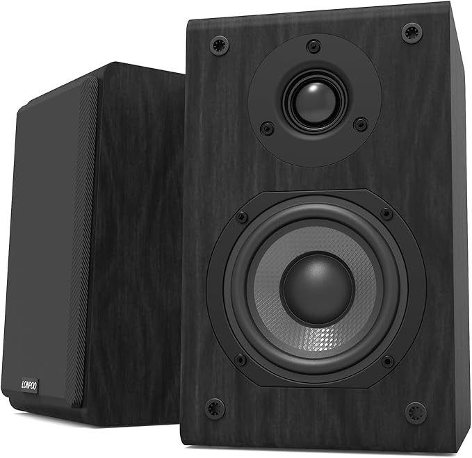 LONPOO Passive Bookshelf Speaker, 75W x 2 Classic Wooden Near Field Monitor with 4-Inch Carbon Fiber Woofer &1-Inch Silk Domed Tweeter 2-Way Speaker,Amplifier Required (Not Inlcuded), Black