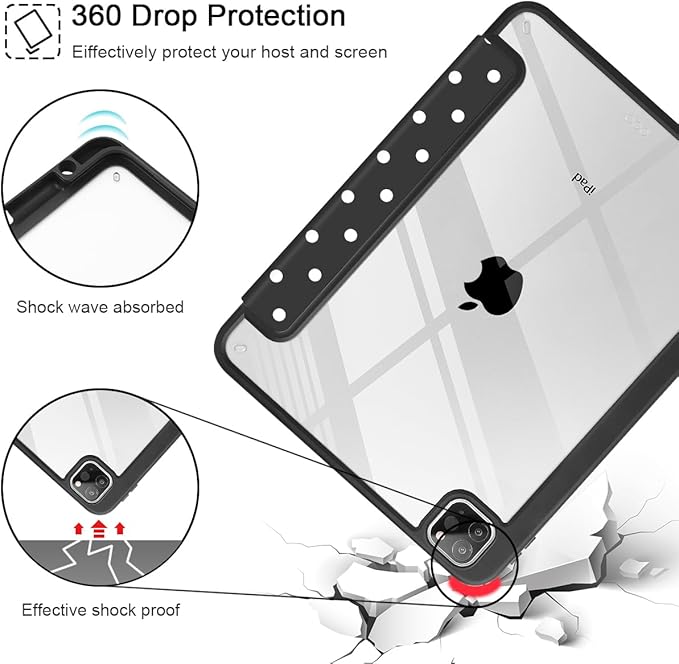 Tuiklol for iPad Pro 11 Inch 4th / 3rd / 2nd / 1st Gen (2022 2021 2020 2018) Case -Built-in Pencil Holder Shockproof Cover Clear Transparent Back Shell with Auto Wake/Sleep, Spot-Black