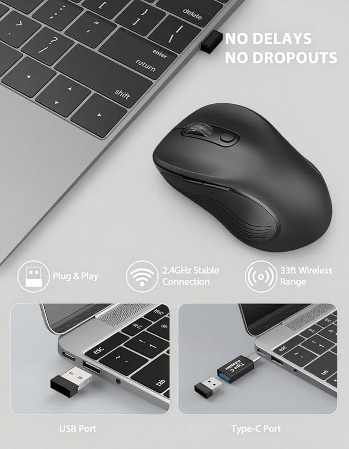 Trueque Wireless Mouse, 2.4GHz Ergonomic Mouse for Laptop & PC, Silent Portable Computer Mice with Back & Forward Buttons, USB-C Adapter for Windows/Mac, M01 (Black)