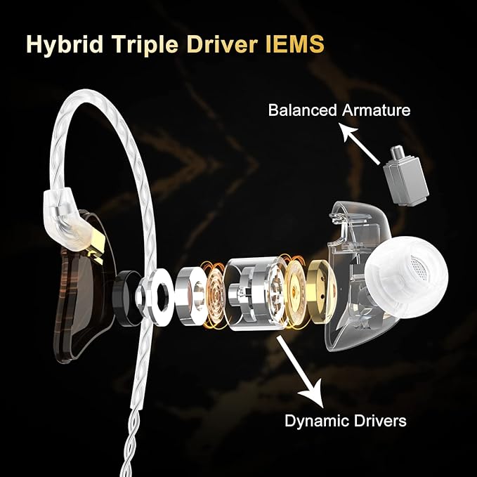 BASN MMCX in Ear Monitor Headphones,Triple Driver IEM in-Ear Earphone for Musician Drummer, Noise-Isolation HiFi Stereo Earbuds with Two Detachable Cables(Golden Obsidian)