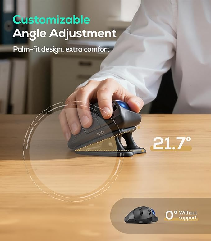 Nulea M511 Wireless Trackball Mouse, Rechargeable Ergonomic Thumb-Control Mouse with Tilt Stand, Smooth & Precision Tracking, 3 Device Connection (Bluetooth or USB Receiver), for PC/Mac/Laptop-Blue