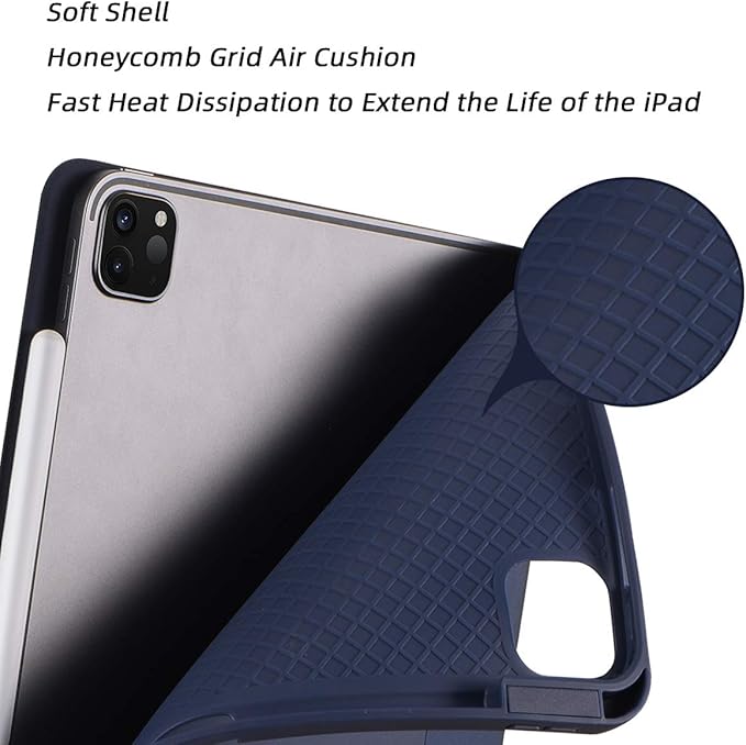 Cases for iPad Pro 12.9 Case 6th/5th/4th Generation (2022/2021/2020) with Pencil Holder [Apple Pencil Wireless Charging] Soft TPU Smart Tri-fold Stand Protective Cover(Dark Blue)