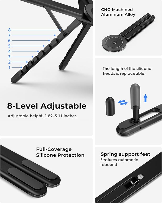 Viozon Portable Laptop Stand for Desk, Foldable Adjustable Computer Riser with Magnetic Phone Holder, Aluminum Laptop Stand for 10–16” Laptops & 4–13” Phones/Tablets (Black)